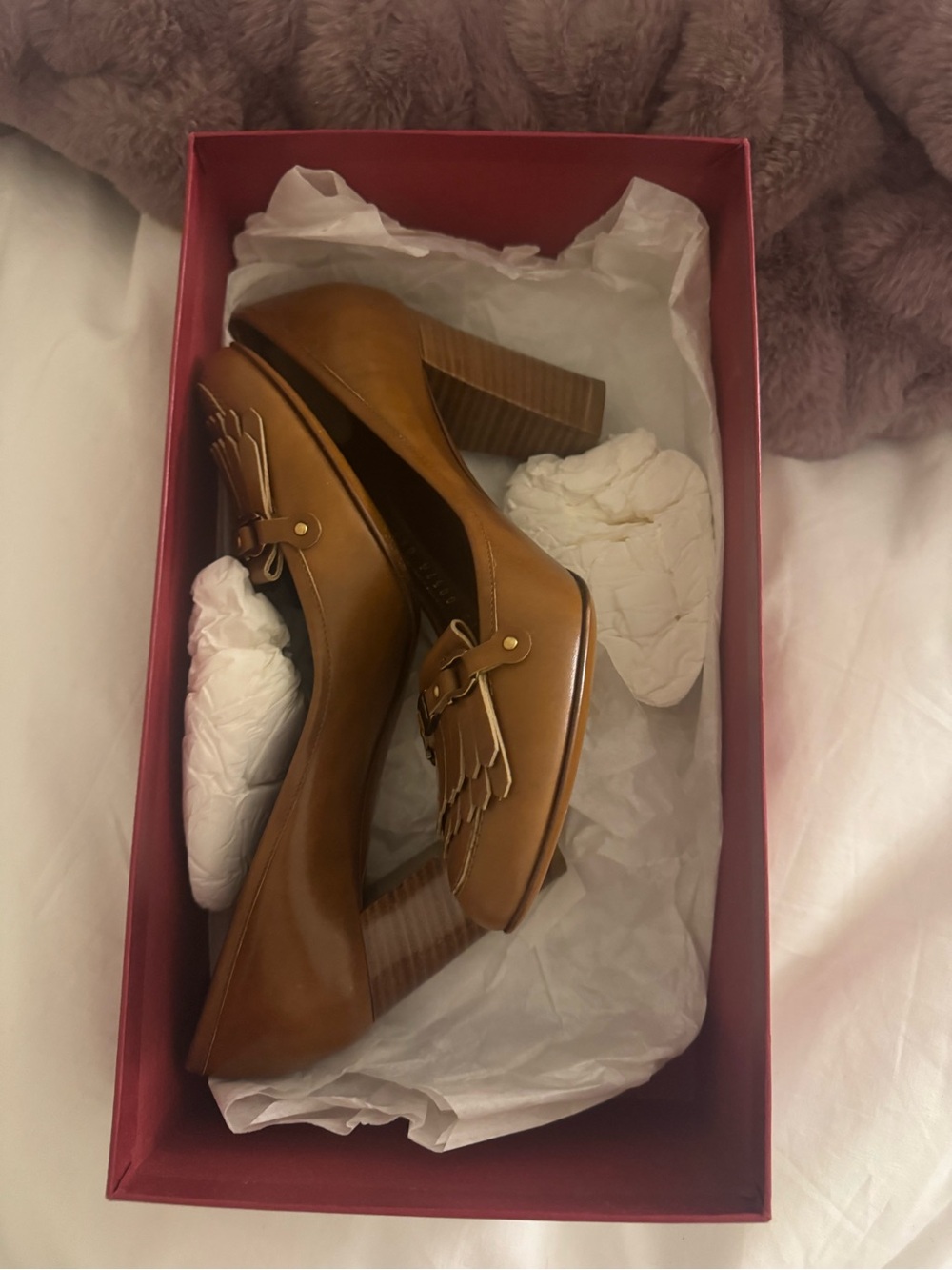 Salvatore Ferragamo Tan Leather Fringe Bit Block Heel Pump - Picture 2 of 6